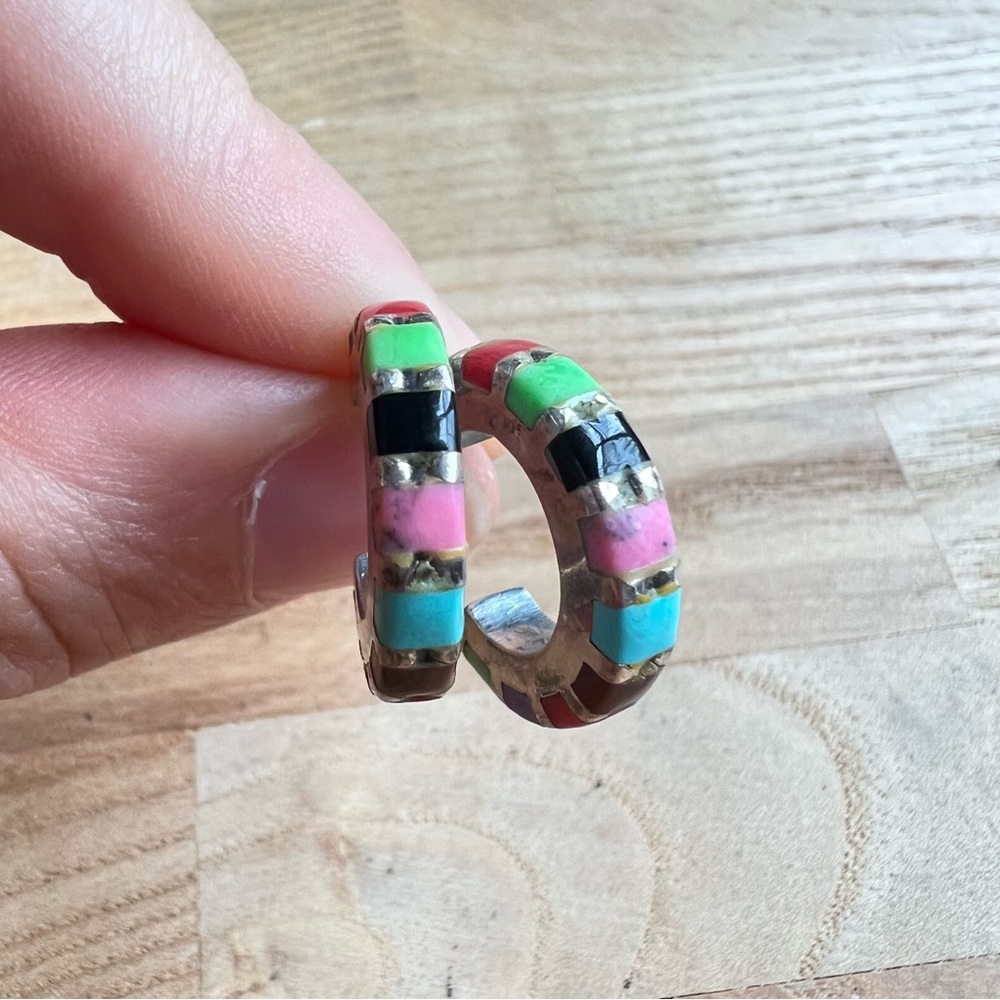 Colorful Vintage style 925 Sterling silver multi gemstone hoop earrings